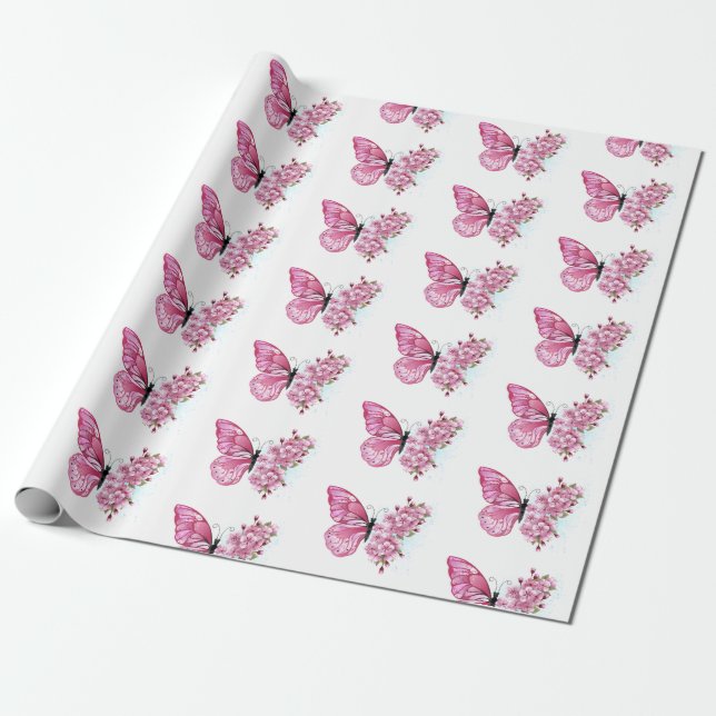 Flower Butterfly with Pink Sakura Wrapping Paper (Unrolled)