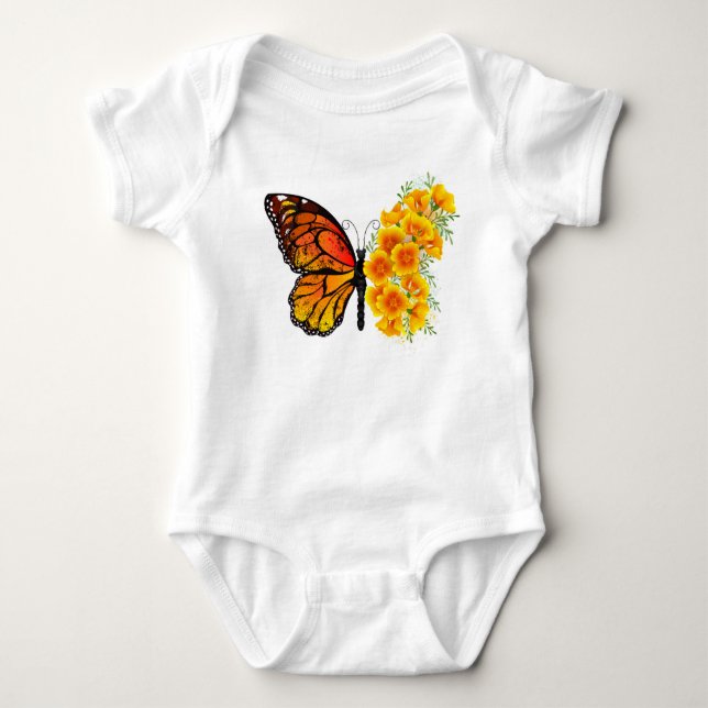 Flower Butterfly with Yellow California Poppy Baby Bodysuit (Front)