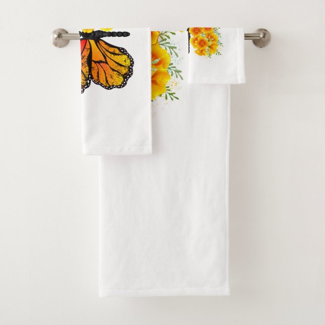Flower Butterfly with Yellow California Poppy Bath Towel Set (Insitu)