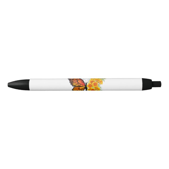 Flower Butterfly with Yellow California Poppy Black Ink Pen (Front)