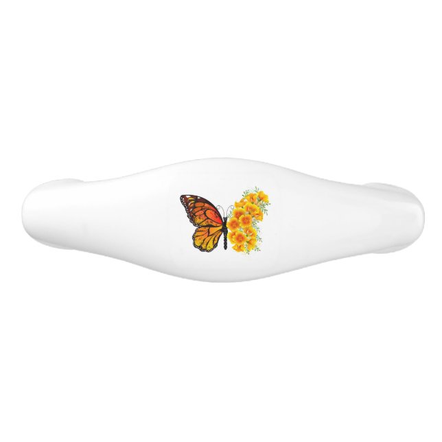 Flower Butterfly with Yellow California Poppy Ceramic Drawer Pull (Front)