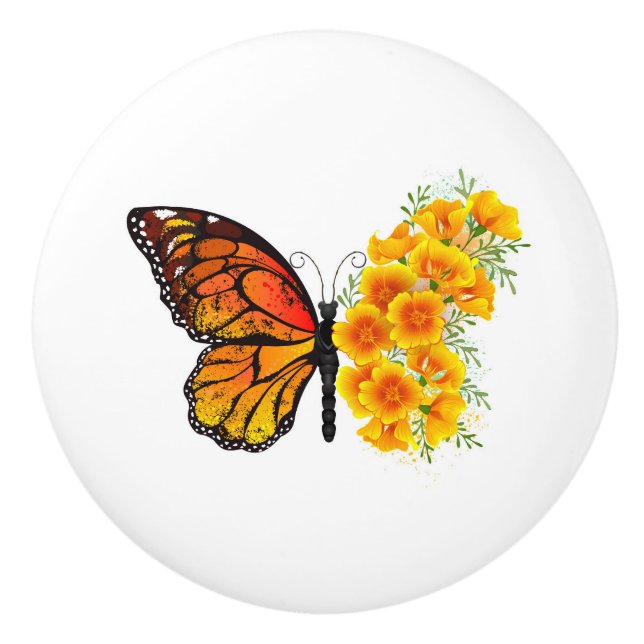 Flower Butterfly with Yellow California Poppy Ceramic Knob (Front)