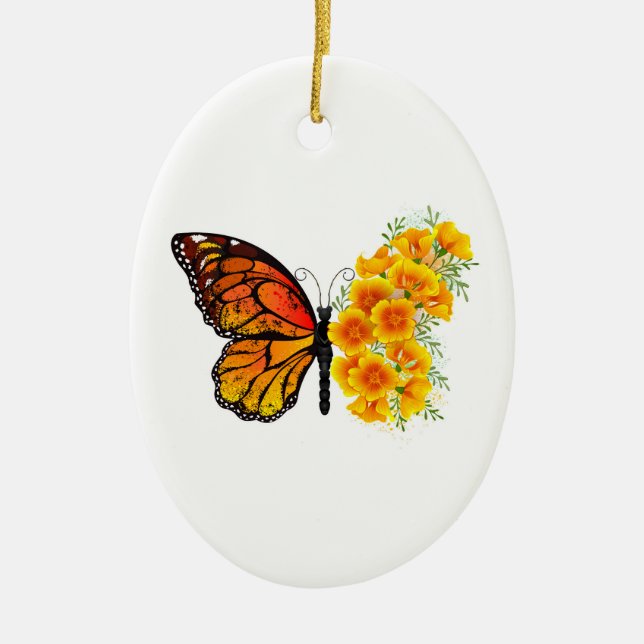 Flower Butterfly with Yellow California Poppy Ceramic Ornament (Front)
