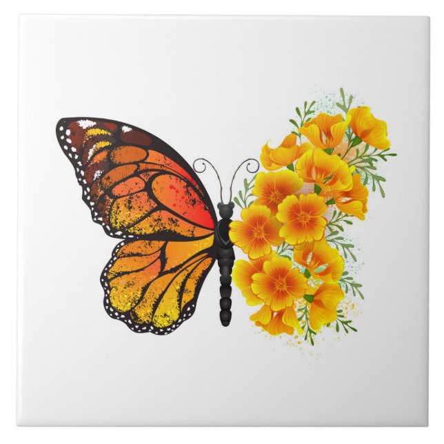 Flower Butterfly with Yellow California Poppy Ceramic Tile (Front)