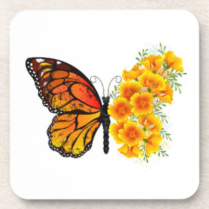 Flower Butterfly with Yellow California Poppy Coaster