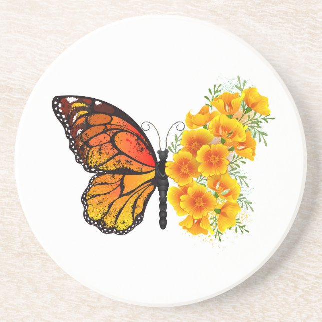 Flower Butterfly with Yellow California Poppy Coaster (Front)