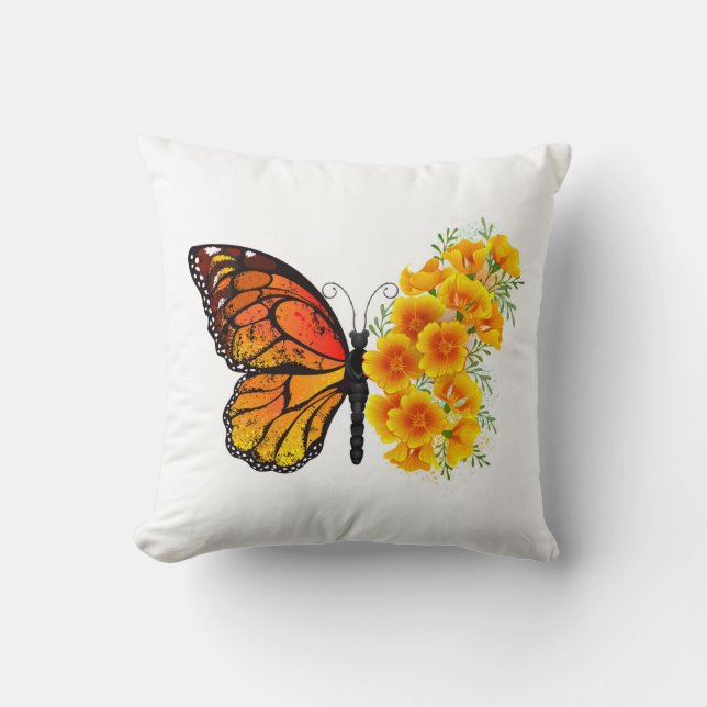 Flower Butterfly with Yellow California Poppy Cushion (Front)