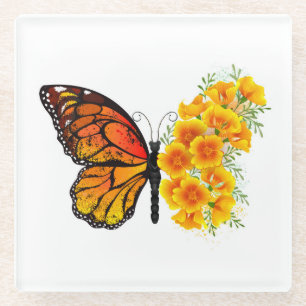 Flower Butterfly with Yellow California Poppy Glass Coaster