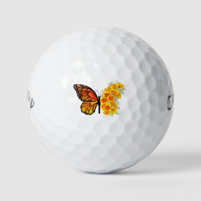 Flower Butterfly with Yellow California Poppy Golf Balls (Front)