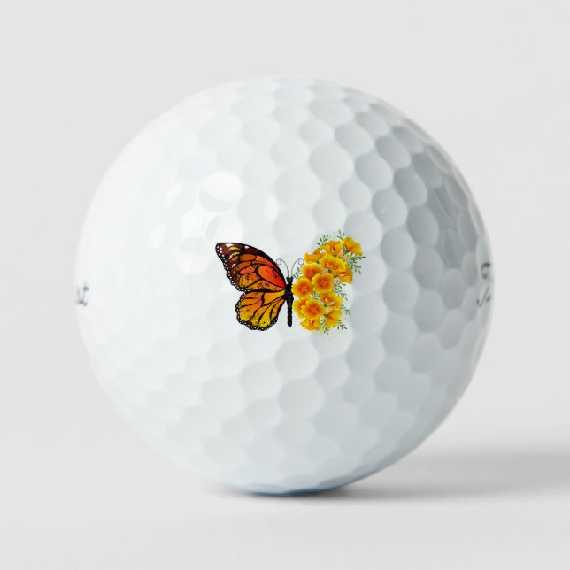 Flower Butterfly with Yellow California Poppy Golf Balls (Front)