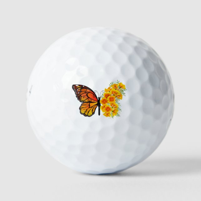 Flower Butterfly with Yellow California Poppy Golf Balls (Front)