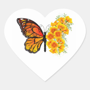 Flower Butterfly with Yellow California Poppy Heart Sticker