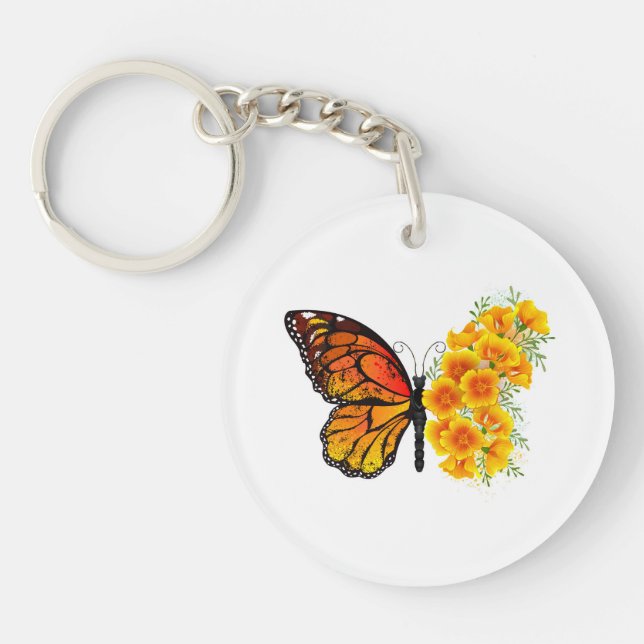 Flower Butterfly with Yellow California Poppy Key Ring (Front)
