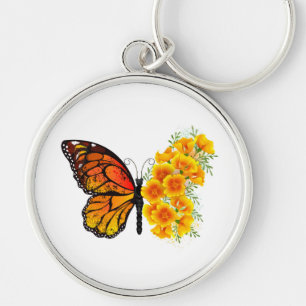 Flower Butterfly with Yellow California Poppy Key Ring