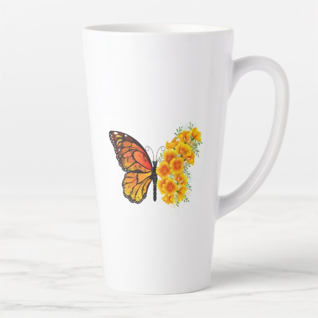 Flower Butterfly with Yellow California Poppy Latte Mug (Right)