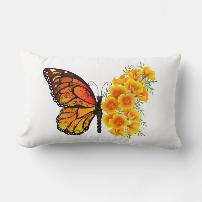 Flower Butterfly with Yellow California Poppy Lumbar Cushion (Front)