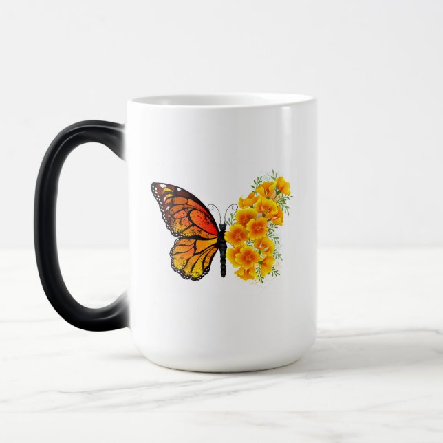 Flower Butterfly with Yellow California Poppy Magic Mug (Left)