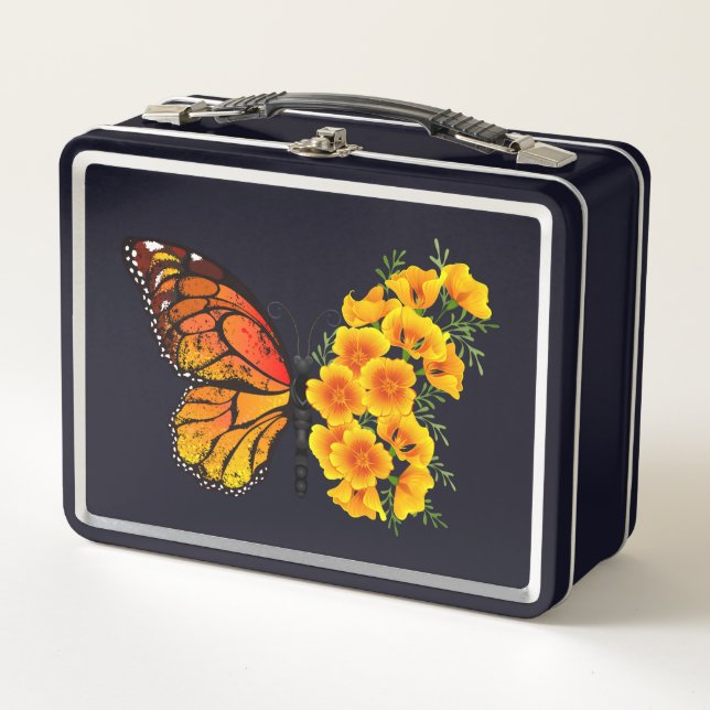 Flower Butterfly with Yellow California Poppy Metal Lunch Box (Front)