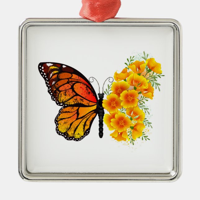 Flower Butterfly with Yellow California Poppy Metal Ornament (Front)