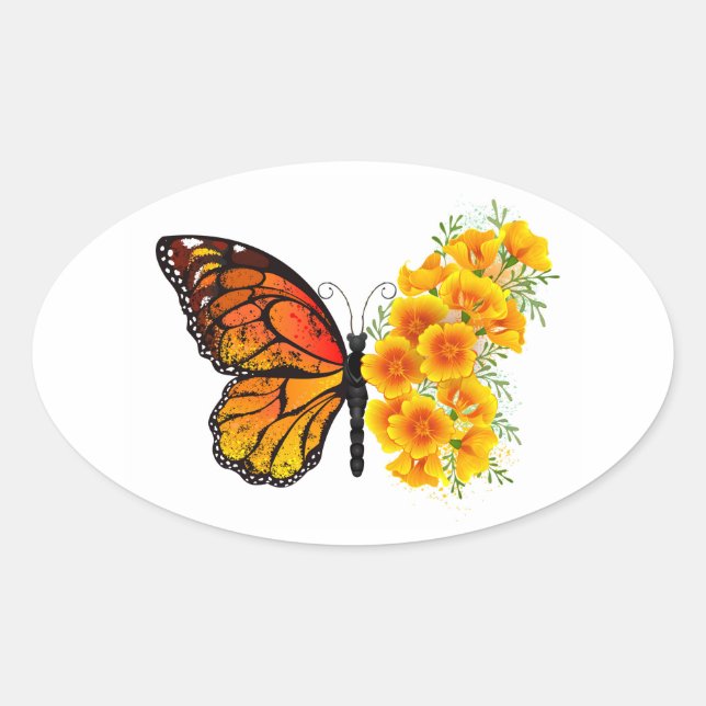 Flower Butterfly with Yellow California Poppy Oval Sticker (Front)