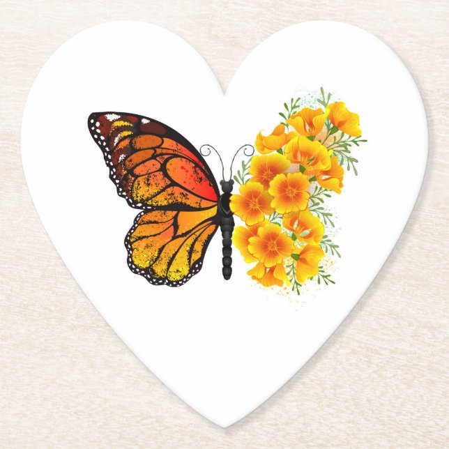 Flower Butterfly with Yellow California Poppy Paper Coaster (Front)