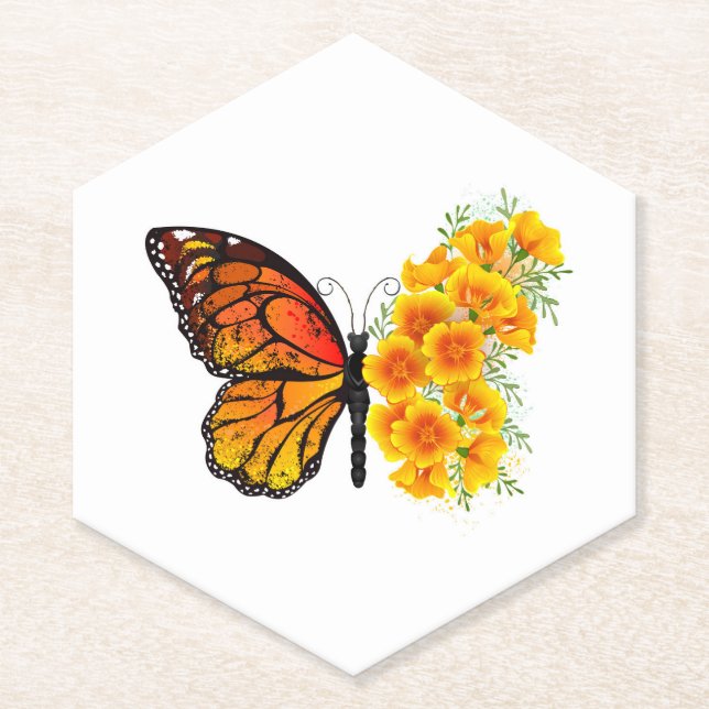 Flower Butterfly with Yellow California Poppy Paper Coaster (Front)