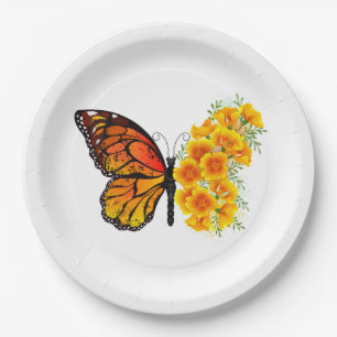 Flower Butterfly with Yellow California Poppy Paper Plate