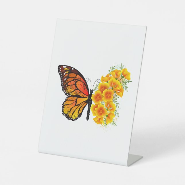 Flower Butterfly with Yellow California Poppy Pedestal Sign (Front)