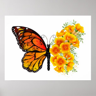 Flower Butterfly with Yellow California Poppy Poster