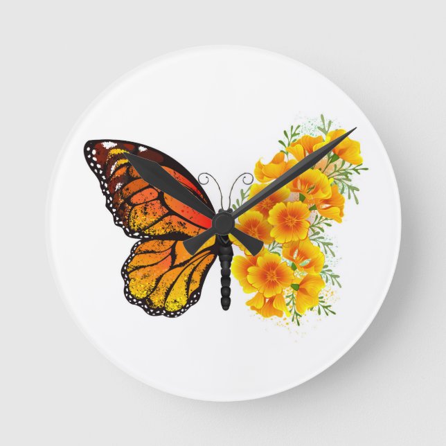 Flower Butterfly with Yellow California Poppy Round Clock (Front)