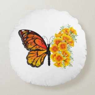 Flower Butterfly with Yellow California Poppy Round Cushion