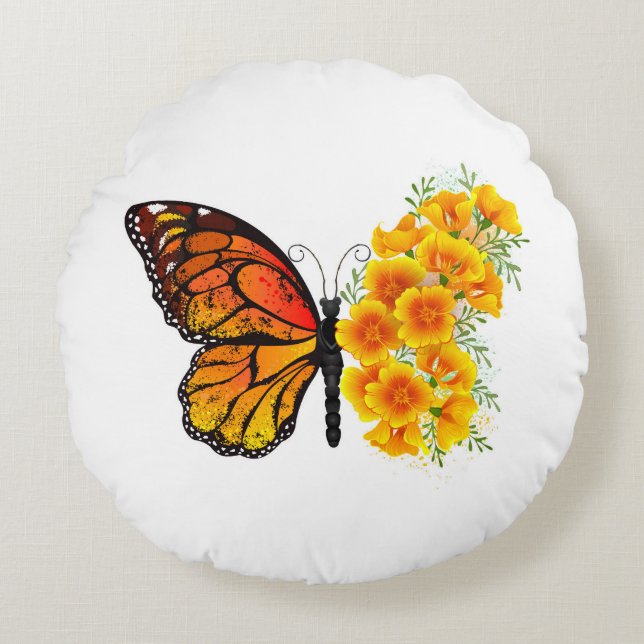 Flower Butterfly with Yellow California Poppy Round Cushion (Front)