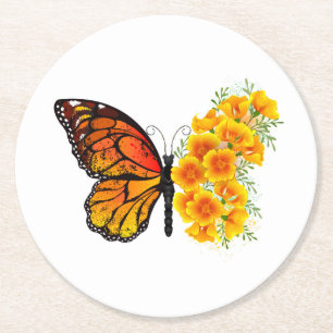 Flower Butterfly with Yellow California Poppy Round Paper Coaster
