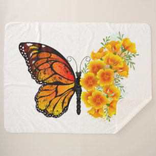 Flower Butterfly with Yellow California Poppy Sherpa Blanket