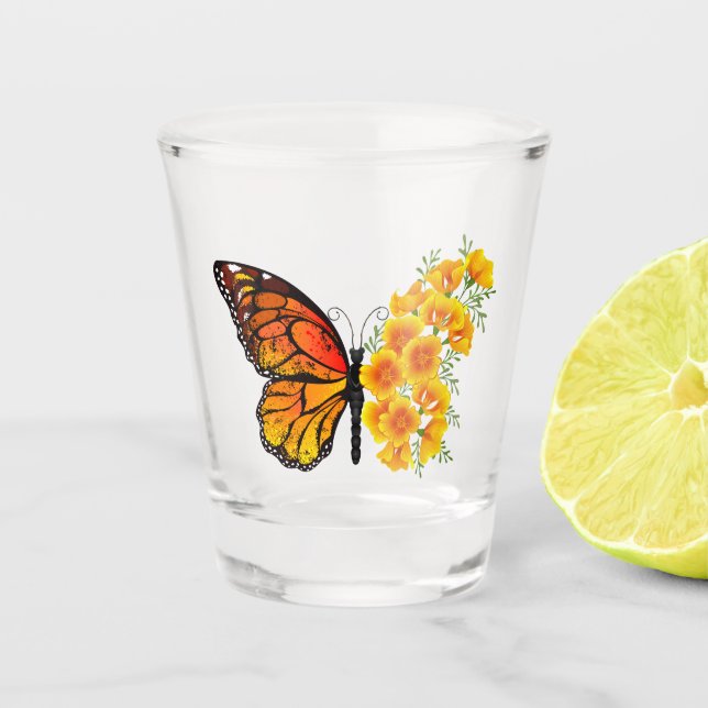 Flower Butterfly with Yellow California Poppy Shot Glass (Front)