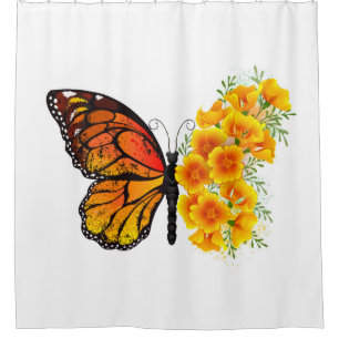 Flower Butterfly with Yellow California Poppy Shower Curtain