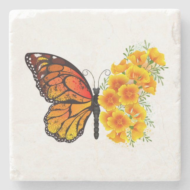 Flower Butterfly with Yellow California Poppy Stone Coaster (Front)