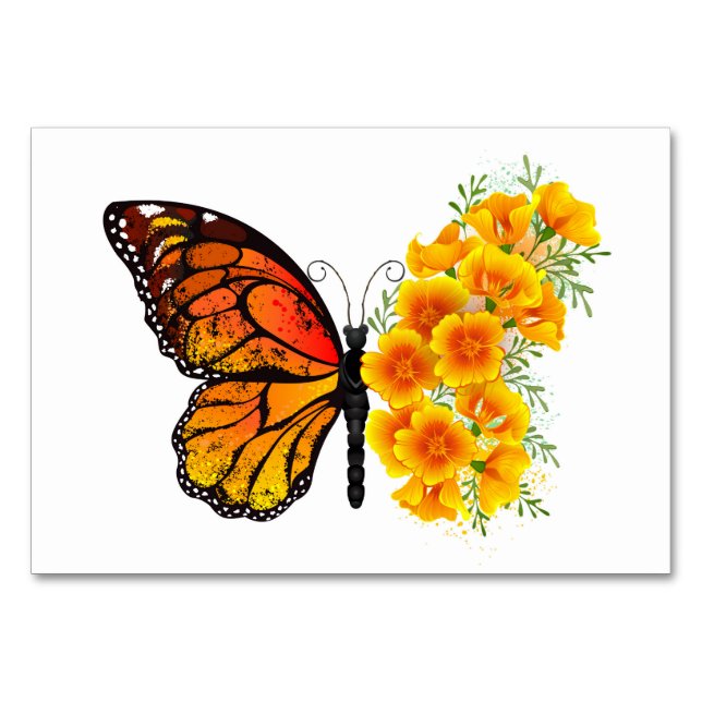 Flower Butterfly with Yellow California Poppy Table Number (Front)