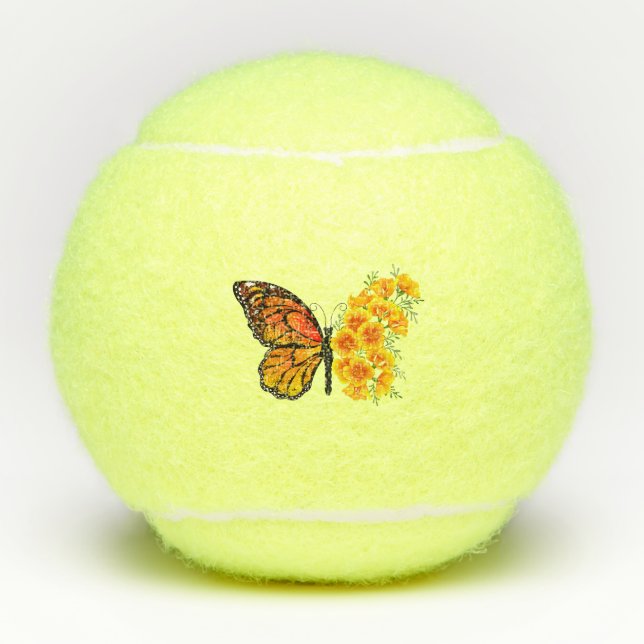 Flower Butterfly with Yellow California Poppy Tennis Balls (Front)