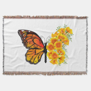 Flower Butterfly with Yellow California Poppy Throw Blanket