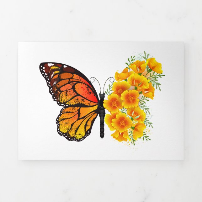 Flower Butterfly with Yellow California Poppy Tri-Fold Holiday Card (Cover)