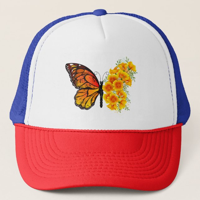 Flower Butterfly with Yellow California Poppy Trucker Hat (Front)