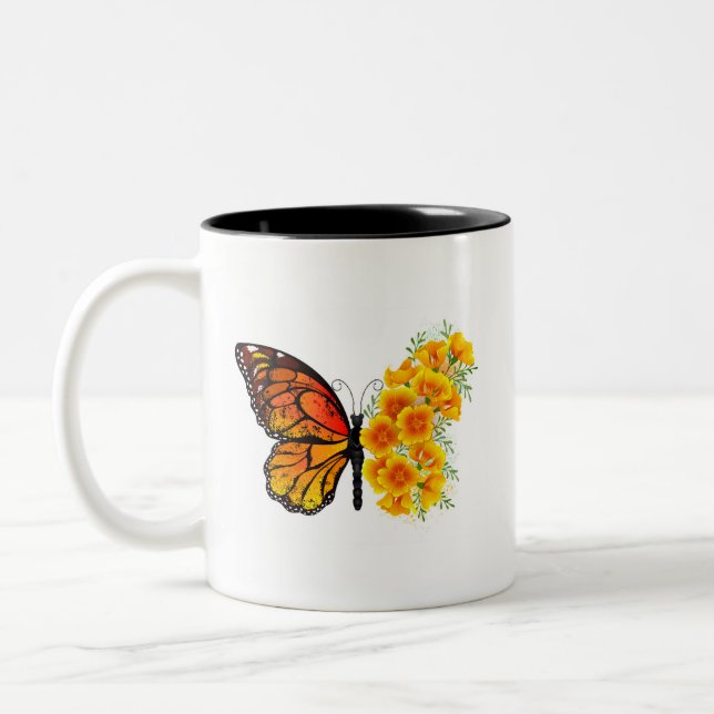 Flower Butterfly with Yellow California Poppy Two-Tone Coffee Mug (Left)