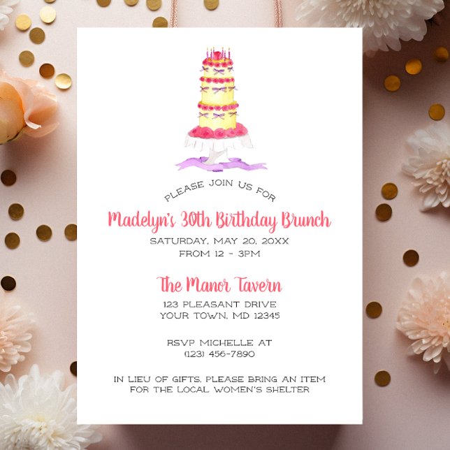 Flower Cake Pink Stripe Party Invitation (Creator Uploaded)