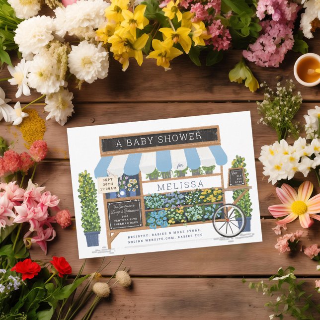 Flower Cart Farmer's Market Blue Baby Shower Invitation (Creator Uploaded)