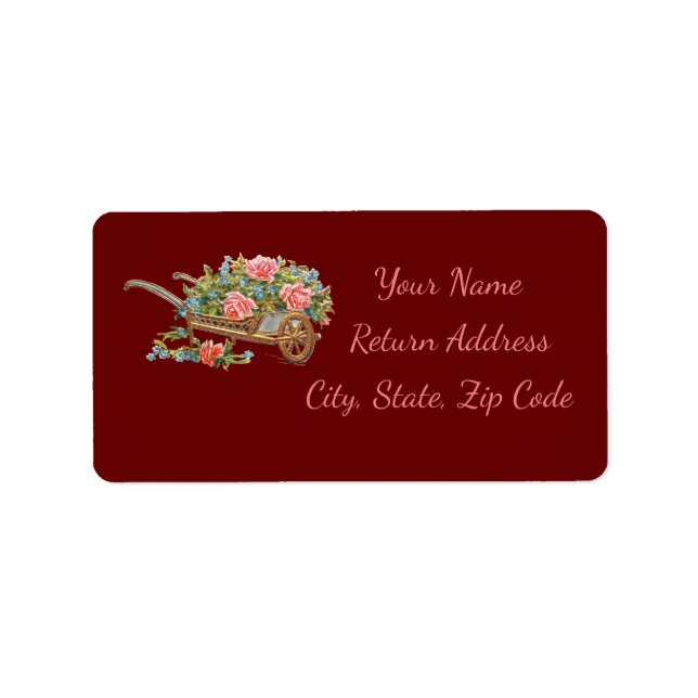 Flower Cart & Pink Flowers Burgundy  Personalise Label (Front)
