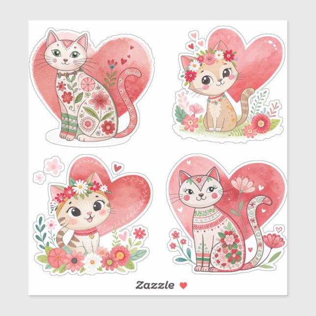 Flower Cat and Heart Custom-Cut Vinyl Sticker (Sheet)