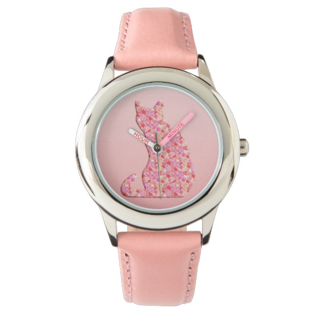 Flower Cat - coral orange and pink Watch (Front)