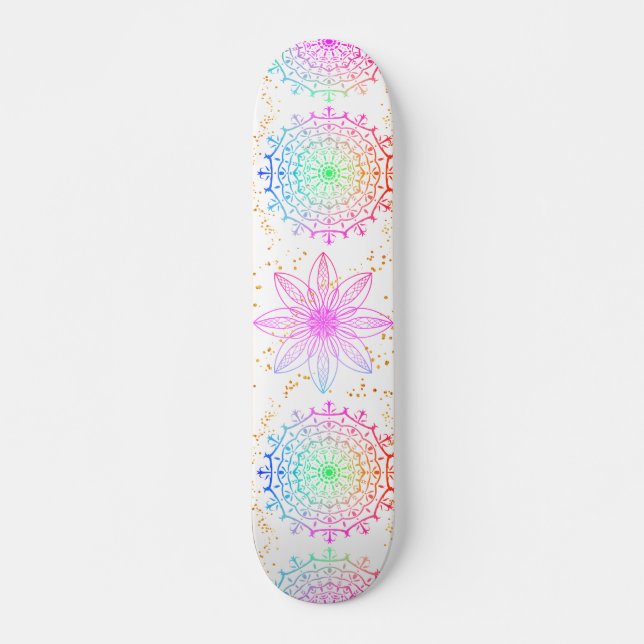 Flower Centric Rainbow Coloured Mandala Skateboard (Front)