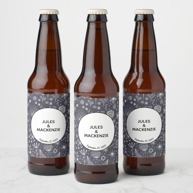 Flower Chalkboard Monochrome Modern Beer Bottle Label (Bottles)